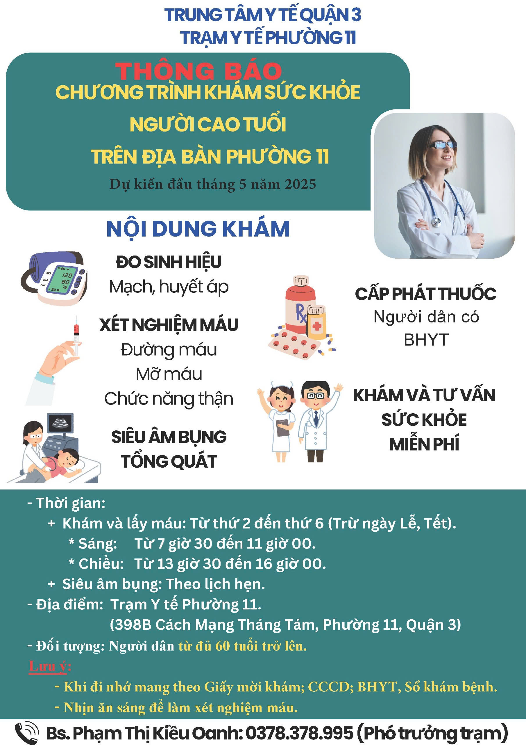 THÔNG BÁO TRIỂN KHAI CHƯƠNG TRÌNH KHÁM SỨC KHỎE, PHÁT HIỆN SỚM BỆNH KHÔNG LÂY CHO NGƯỜI CAO TUỔI (TỪ ĐỦ 60 TUỔI TRỞ LÊN) TRÊN ĐỊA BÀN PHƯỜNG 11, QUẬN 3